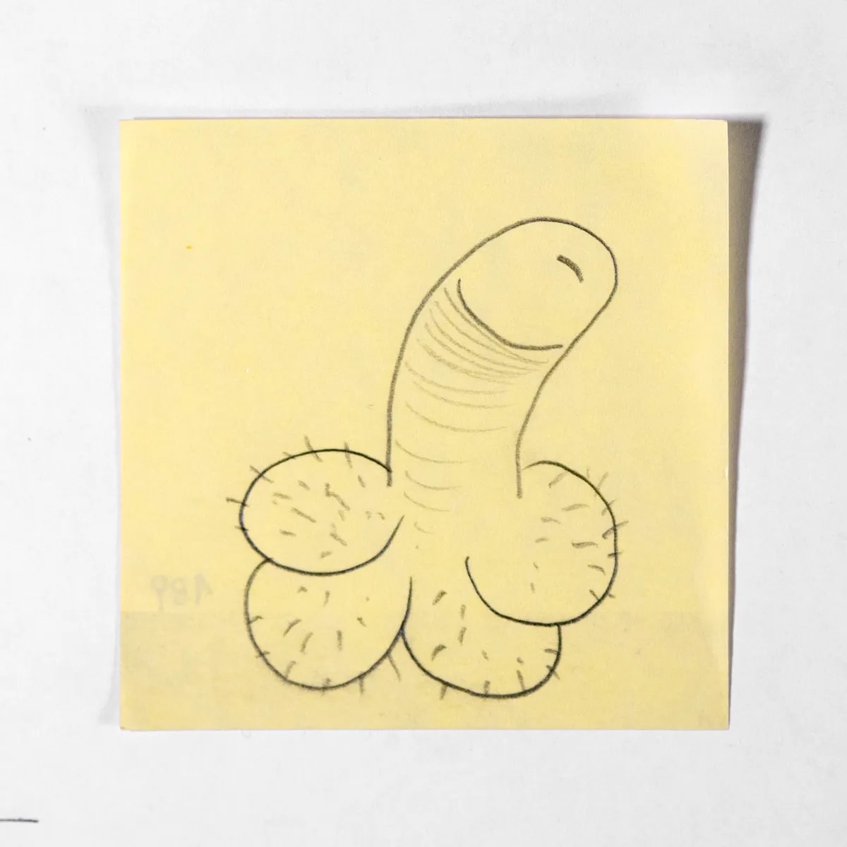 Tetratesticled, No. 189 of 512: a hand-drawn cazzo on a sticky note