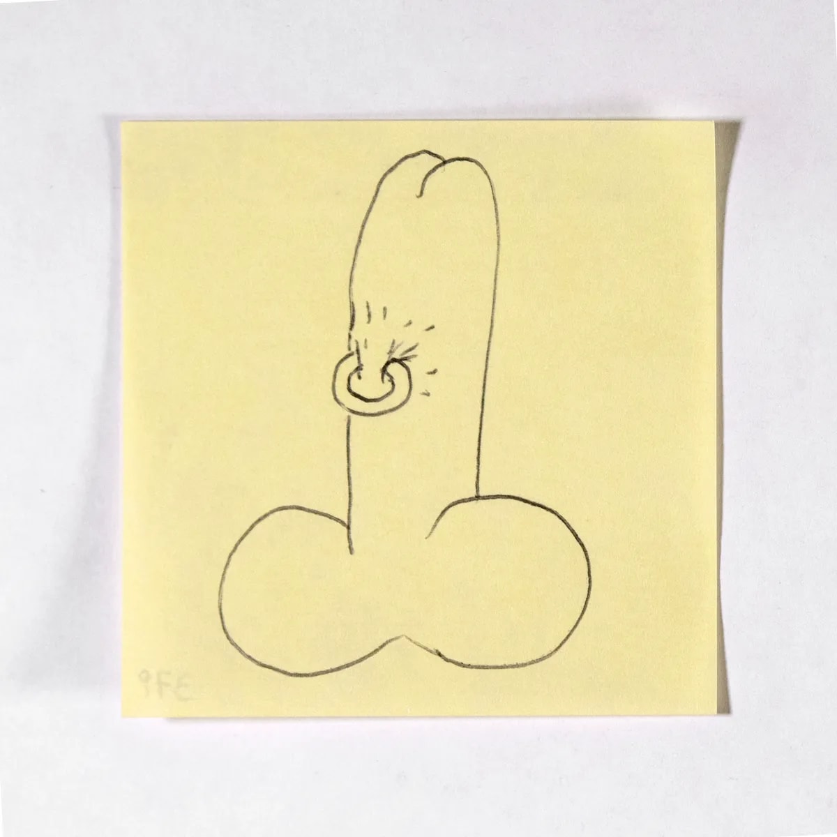 Piercing, No. 379 of 512: a hand-drawn cazzo on a sticky note
